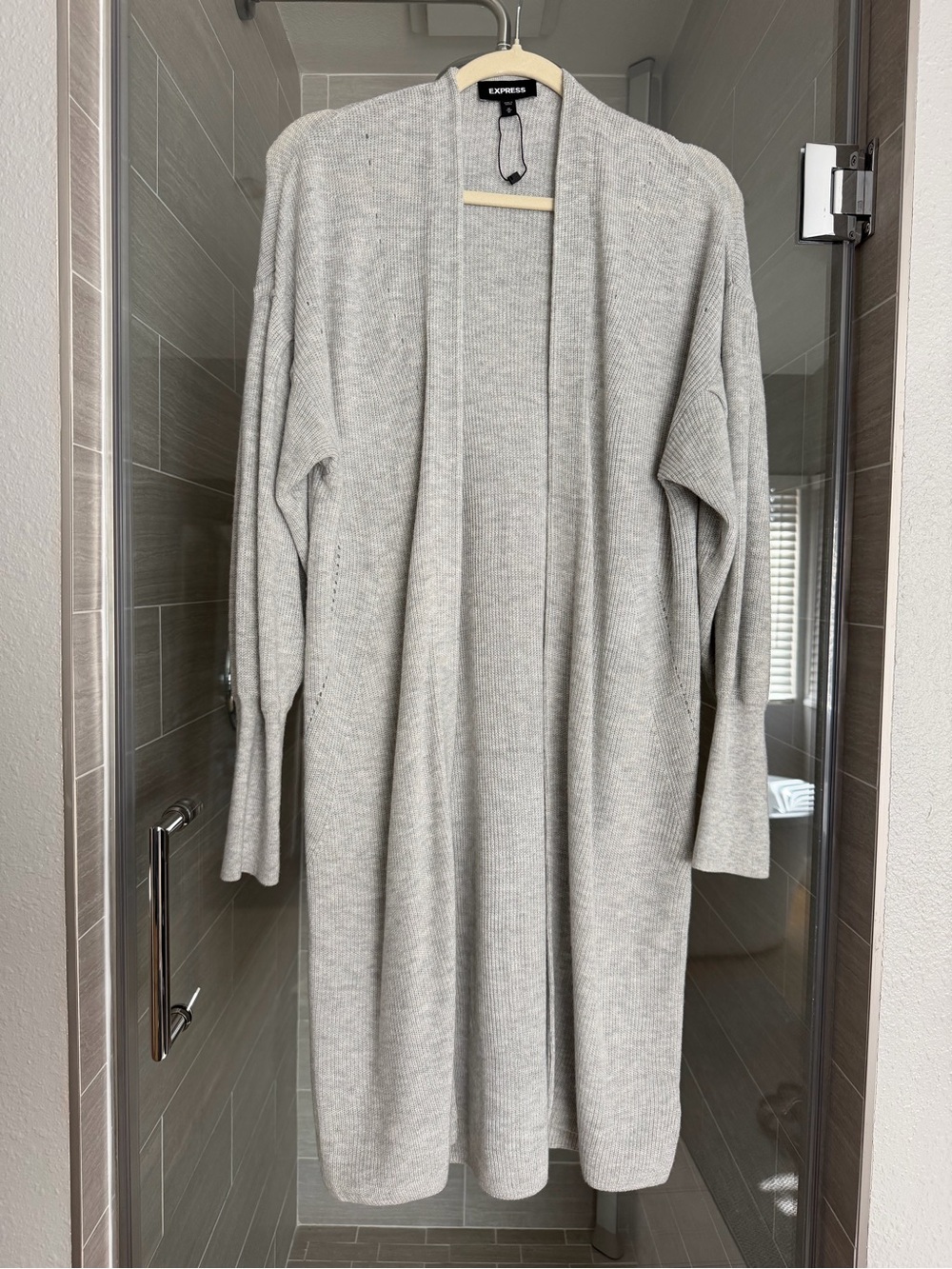 Express Light Gray Open-Front Long Ribbed Cardigan